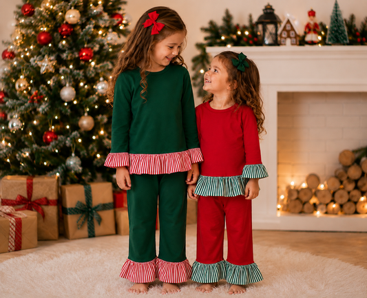 Girls Fall Winter Christmas Ruffle Pants Set – Long Sleeve Striped Ruffle Top & Flare Pants 2-Piece Outfit