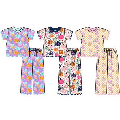 Girls Fall Pumpkin Two-Piece Outfit – Short Sleeve Scalloped Top & Flare Pants Set