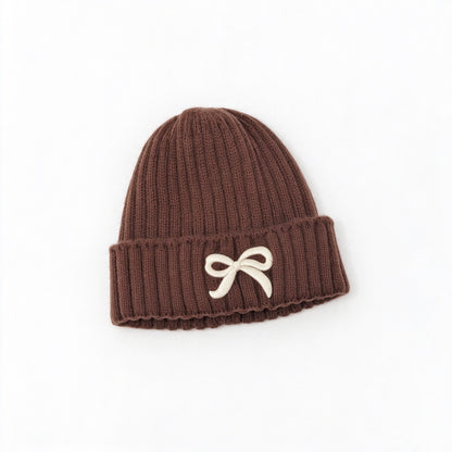 Girls Bow Embroidered Knit Beanie – Ribbed Cuffed Winter Hat, Ages 3–10