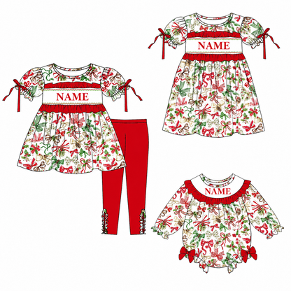 Personalized Christmas Bow Smocked Embroidery Girls Collection – Custom Name Holiday Dress, Pant Set & Baby Romper