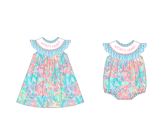 Girls Summer "MOMMY'S HEART"Floral Smocked Matching Clothes