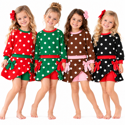 Girls Christmas Polka Dot 2-Piece Skort Set – Long Sleeve Sweatshirt & Bow Skirt Shorts Outfit