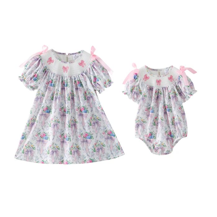 Spring Summer Pink Bow Floral Smock Embroidery Dress & Romper