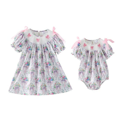 Spring Summer Pink Bow Floral Smock Embroidery Dress & Romper