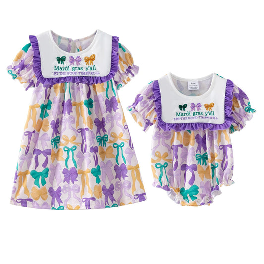 Mardi Gras Purple Green Yellow Bows Embroidery Dress & Romper