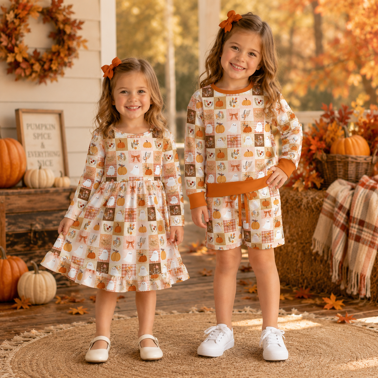 Fall Pumpkin & Ghost Patchwork Girls Dress and Two-Piece Set – Autumn Halloween Outfit