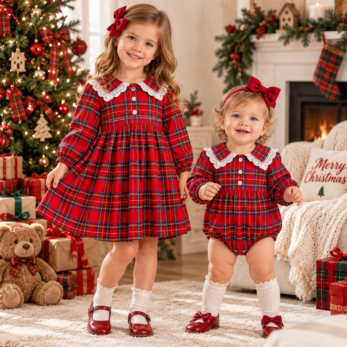 Christmas Red Plaid Girls Dress & Baby Romper – Cotton Long Sleeve Sister Matching Outfit