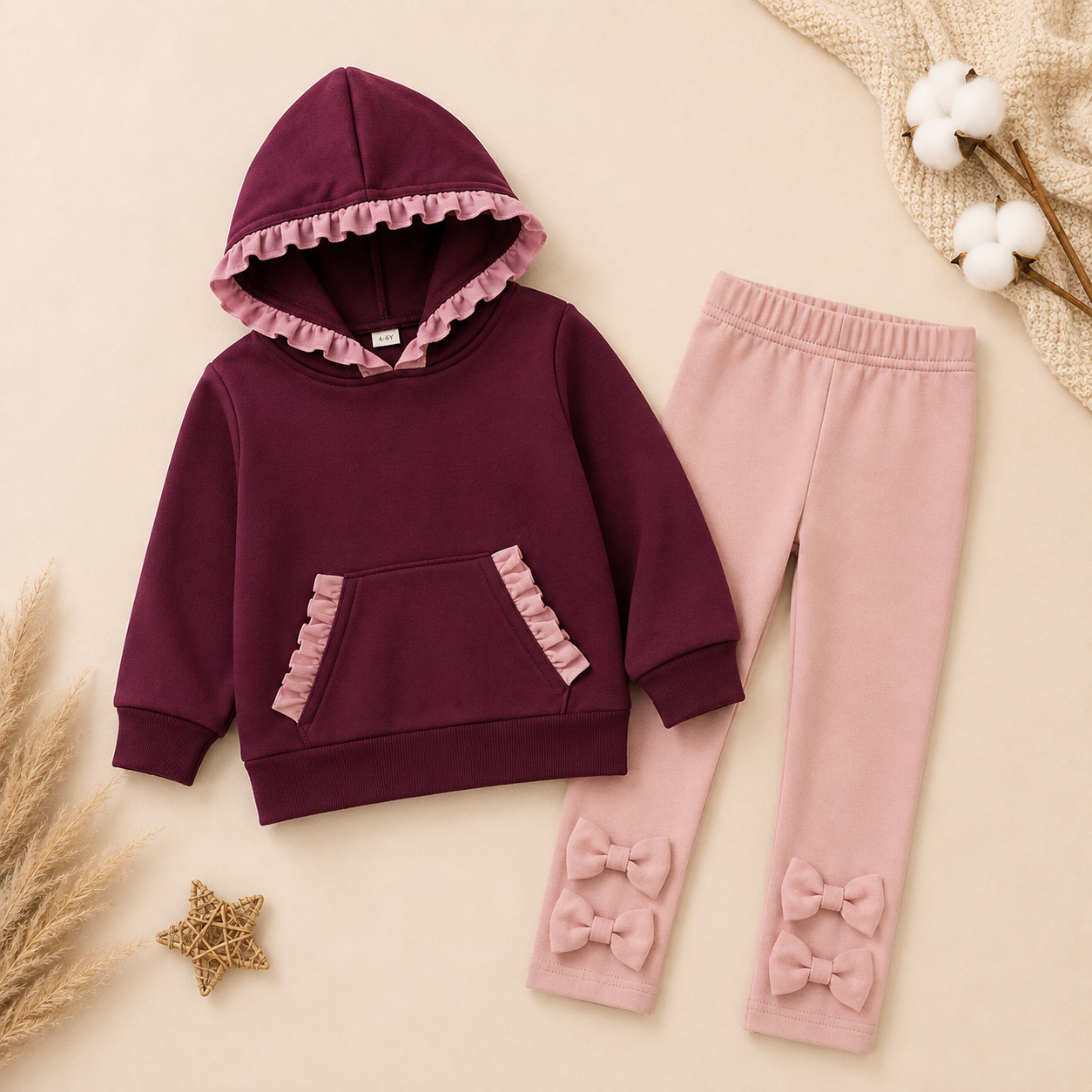 Girls’ Fall Ruffle Hoodie & Bow Leggings Set – Boutique Two-Piece Outfit