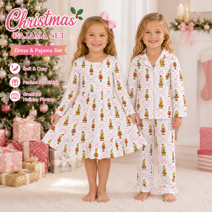 Girls Christmas Matching Pajama Collection – Holiday Print Dress & Two-Piece Sleepwear Set