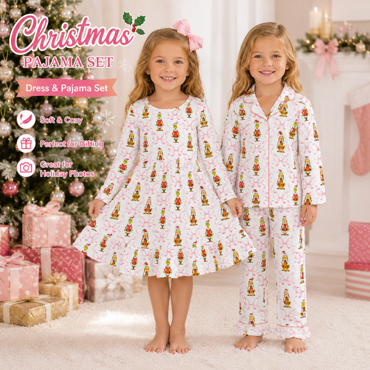 Girls Christmas Matching Pajama Collection – Holiday Print Dress & Two-Piece Sleepwear Set