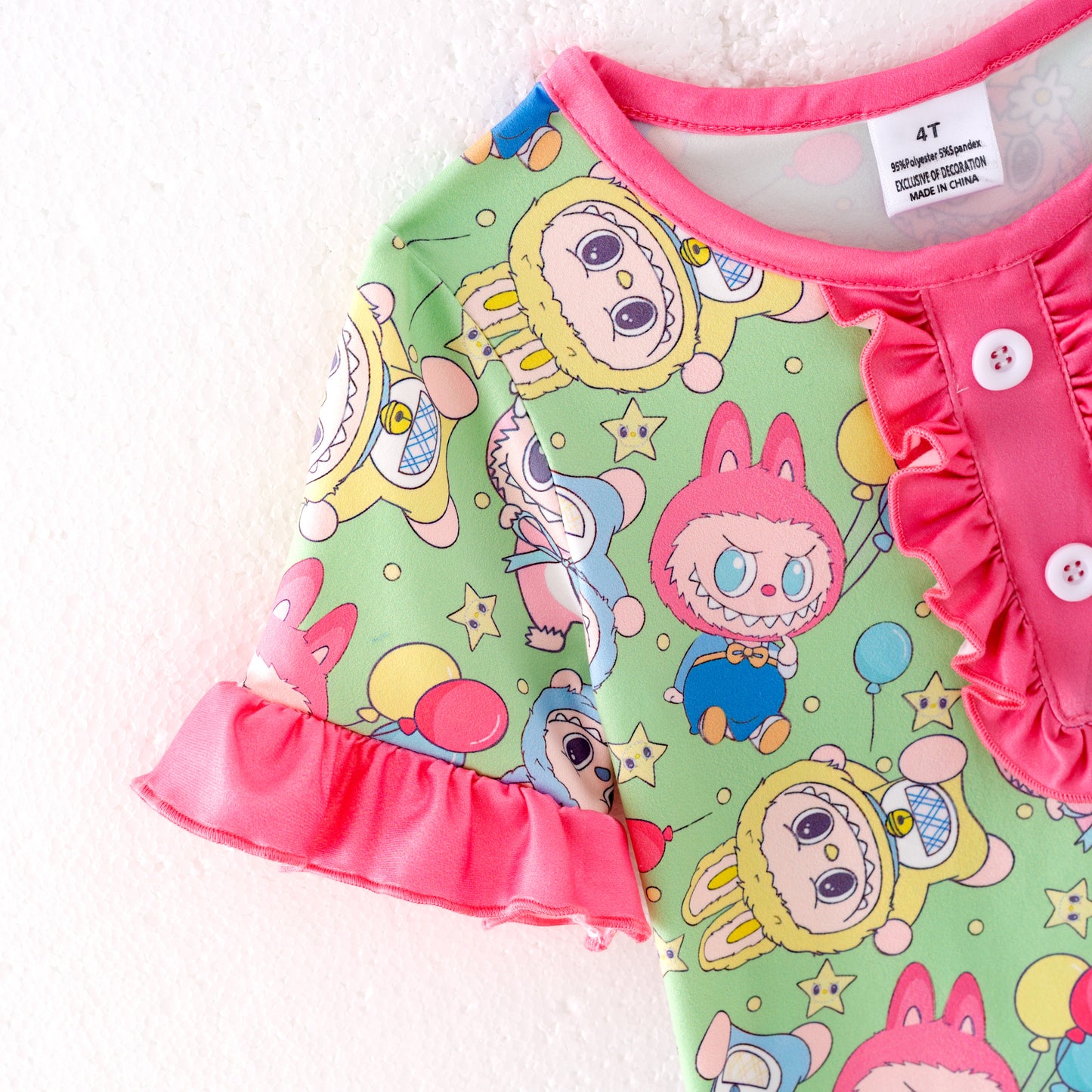 Girls Summer Labubu Print Pink Ruffled Short Pajamas Set
