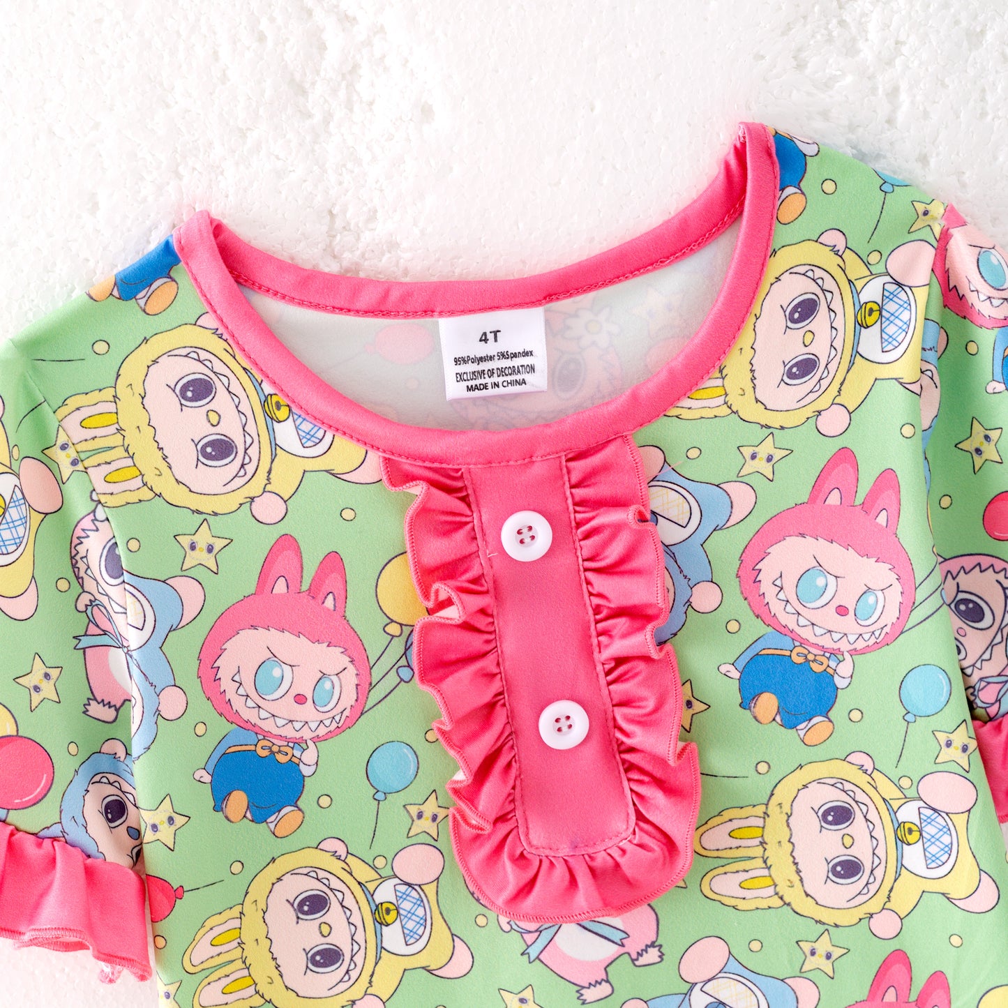 Girls Summer Labubu Print Pink Ruffled Short Pajamas Set