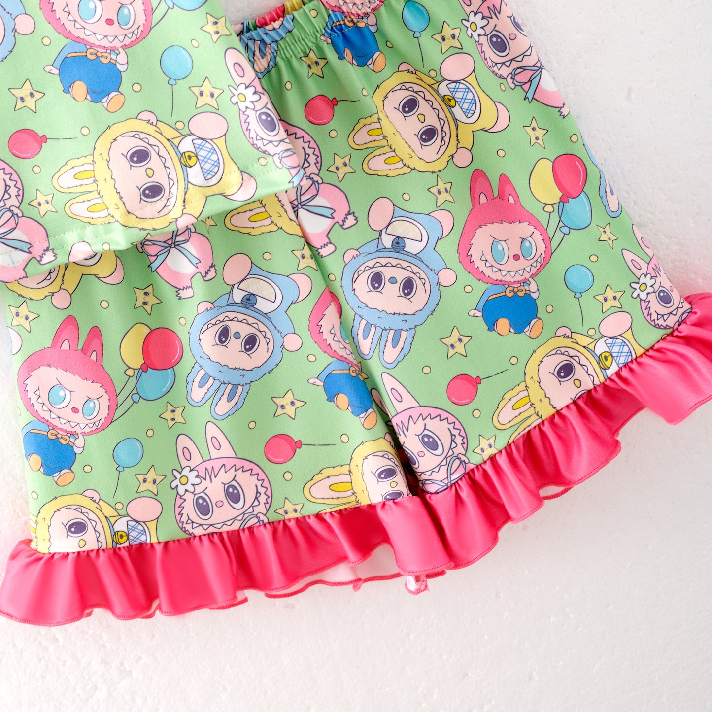 Girls Summer Labubu Print Pink Ruffled Short Pajamas Set