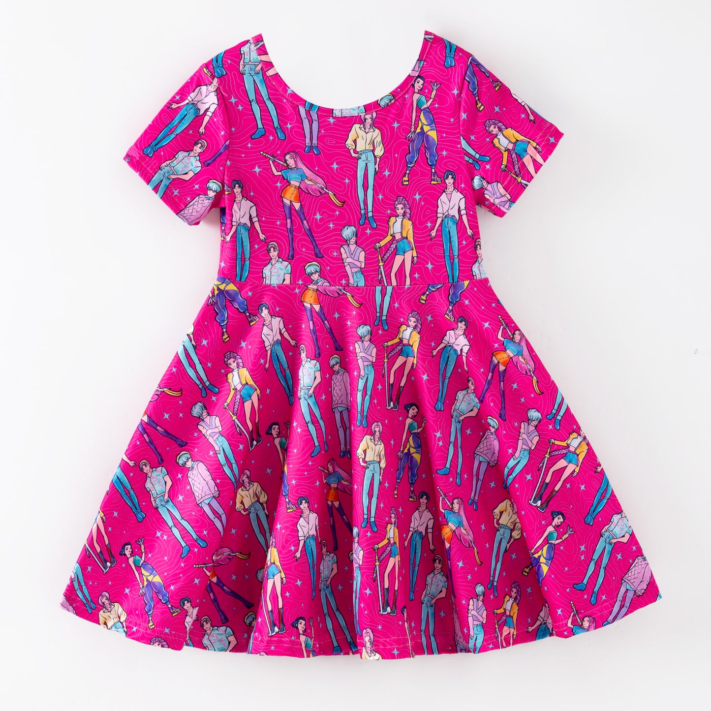 Girls Summer Kpop Demon Hunter Print Short Sleeves Twirl Dress
