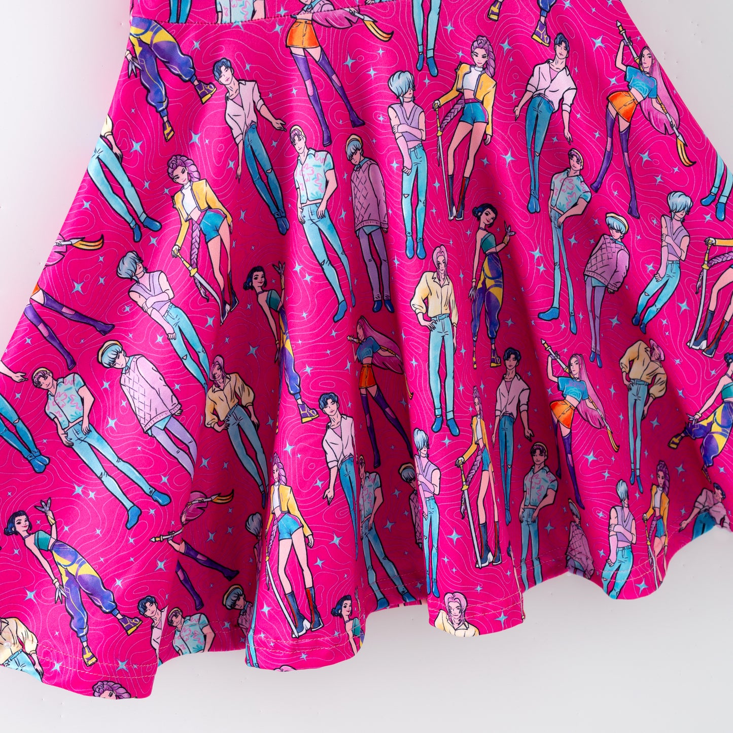 Girls Summer Kpop Demon Hunter Print Short Sleeves Twirl Dress