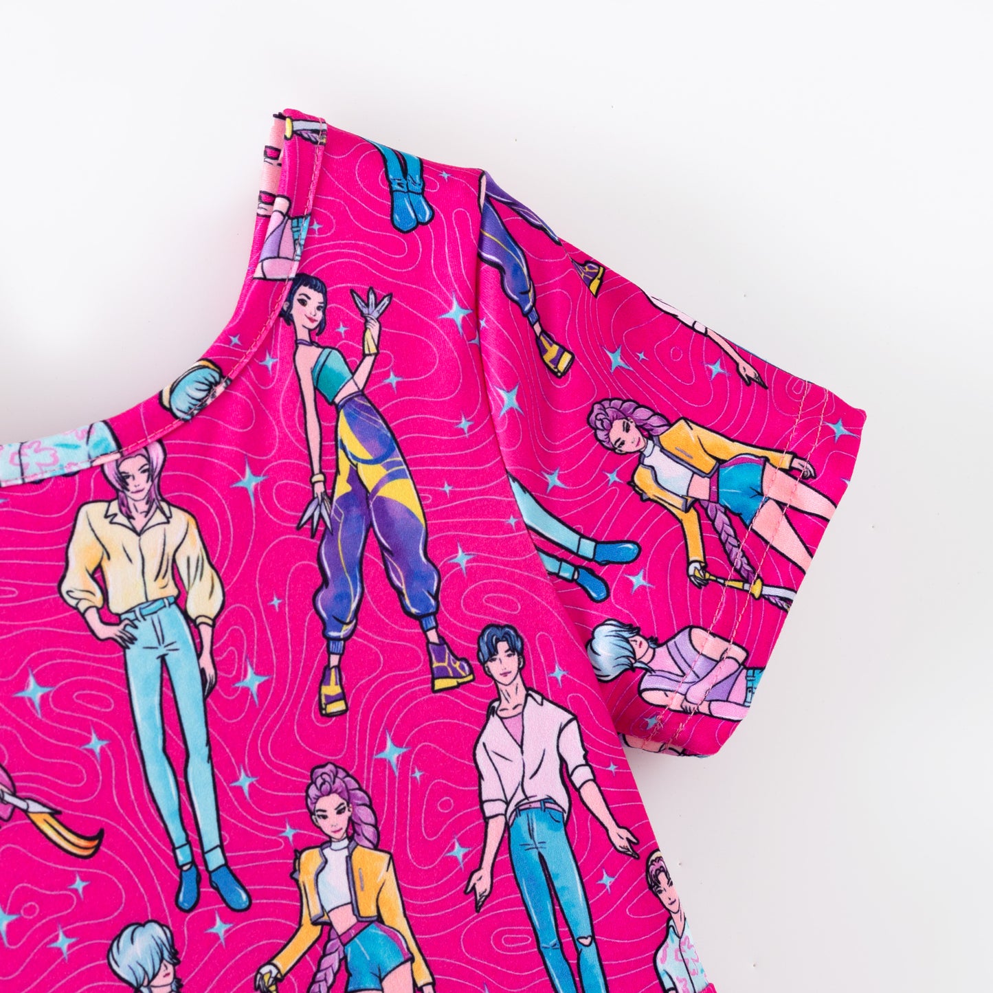 Girls Summer Kpop Demon Hunter Print Short Sleeves Twirl Dress