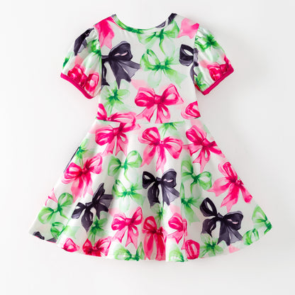 2026 Spring St.Patrick's Day Bow Short Sleeves Twirl Dress