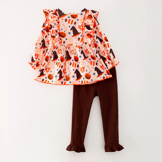 Girls Halloween Ghost Pumpkin Brown Long Sleeves Pant Set