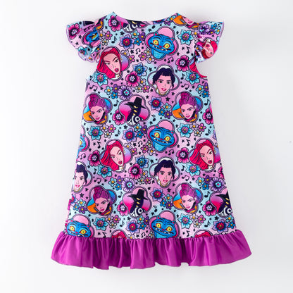 Girls Summer K-Pop Demon Hunter Soft Ruffled Pajamas Dress