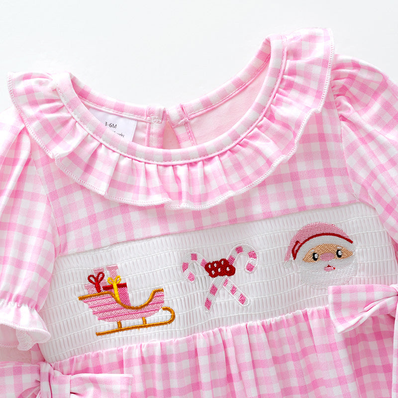 Baby Girls Christmas Pink Plaid Santa Smock Embroidery Romper