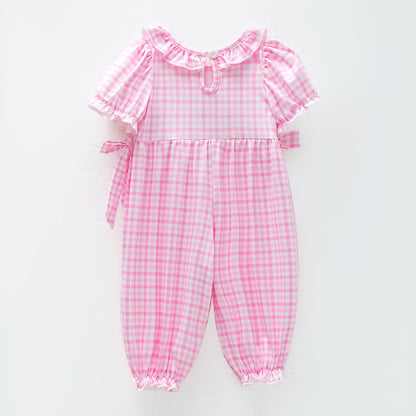 Baby Girls Christmas Pink Plaid Santa Smock Embroidery Romper