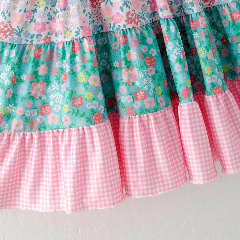 Girls Summer Blue Pink Floral Print Patchwork Dress