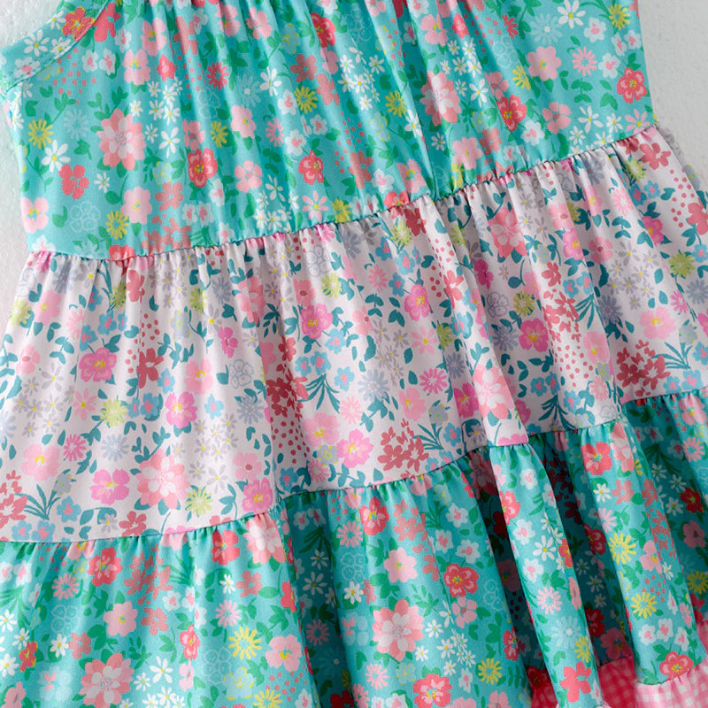 Girls Summer Blue Pink Floral Print Patchwork Dress