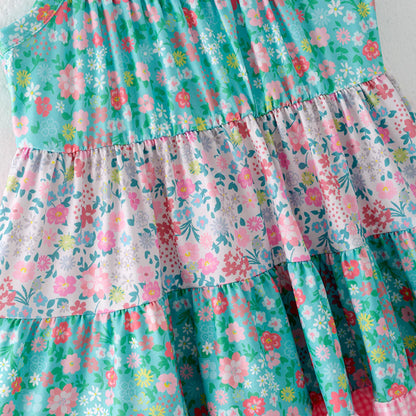 Girls Summer Blue Pink Floral Print Patchwork Dress