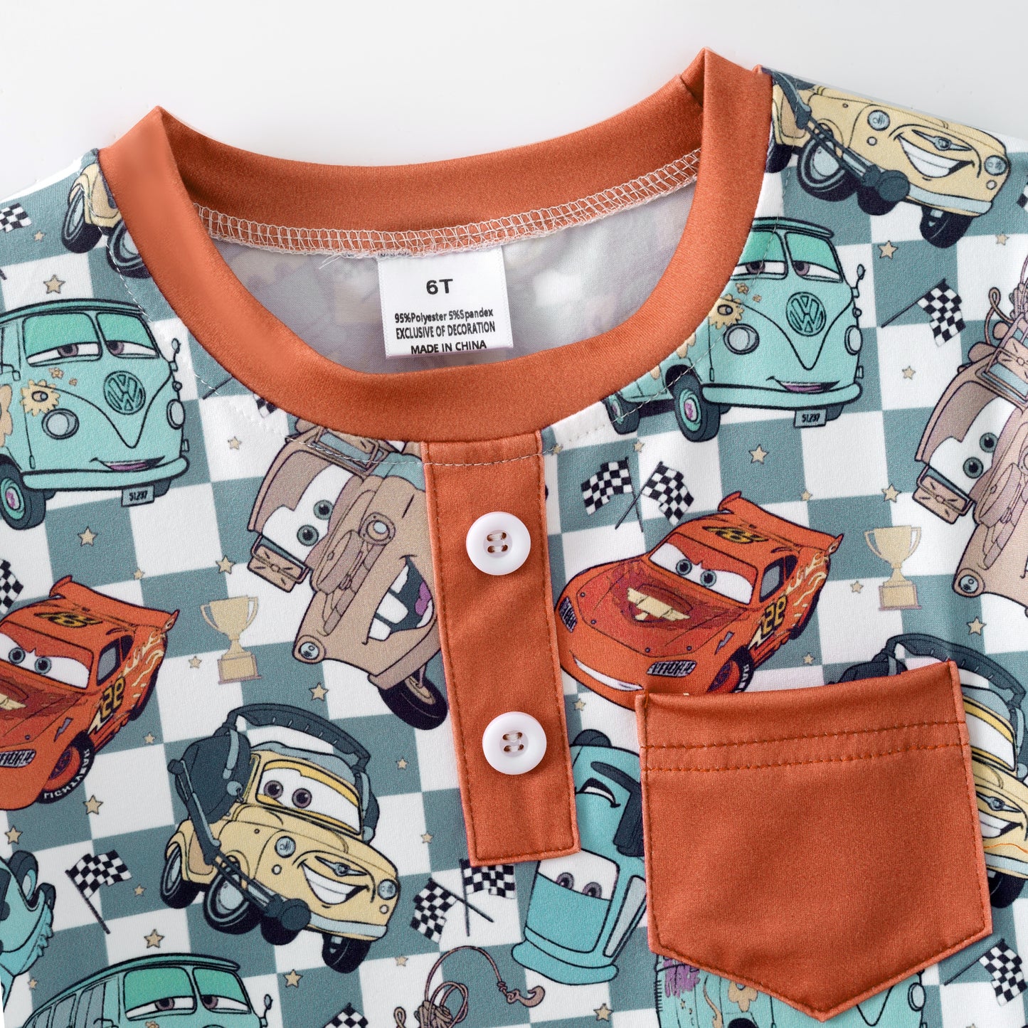 Boys Fall Autumn Orange Car Plaid Print Pocket T-Shirt