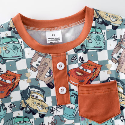 Boys Fall Autumn Orange Car Plaid Print Pocket T-Shirt