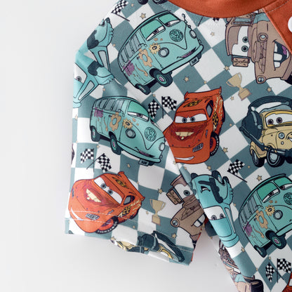 Boys Fall Autumn Orange Car Plaid Print Pocket T-Shirt