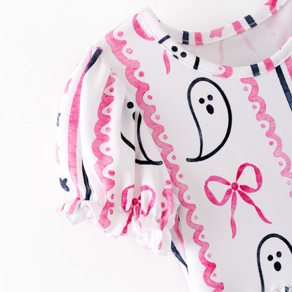 Girls Halloween Pink Ghost Bow Print Milk Silk Soft Dress