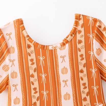Girls Thanksgiving Orange Pumpkin Bow Print Milk Silk Soft Dress