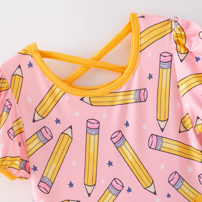 Girls Summer Back To School Pink Yellow Pencil Pocket Dress