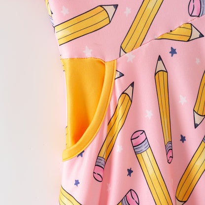 Girls Summer Back To School Pink Yellow Pencil Pocket Dress