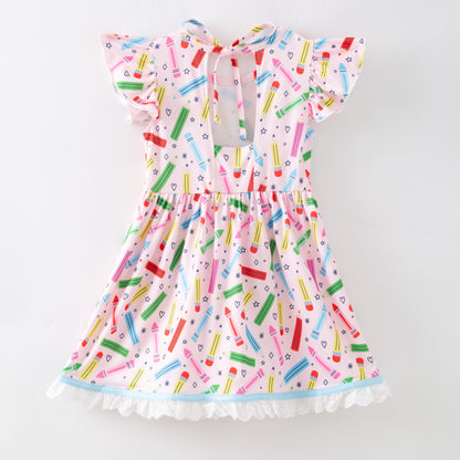 Girls Summer Colorful Crayon Back To School Lace Ruffled Dress