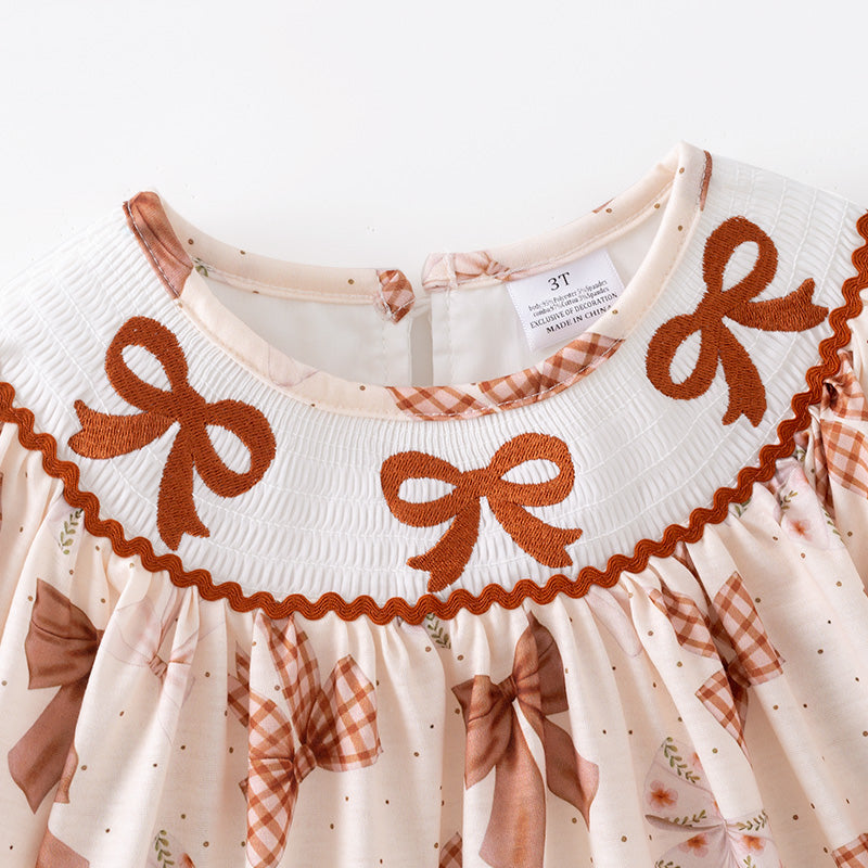 Girls Fall Brown Bow Embroidery Smock Boutique Dress