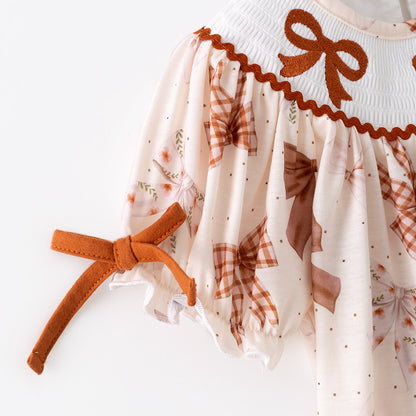Girls Fall Brown Bow Embroidery Smock Boutique Dress