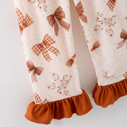 Girls Fall Autumn Brown Bow Print Ruffled Boutique Pajamas Set
