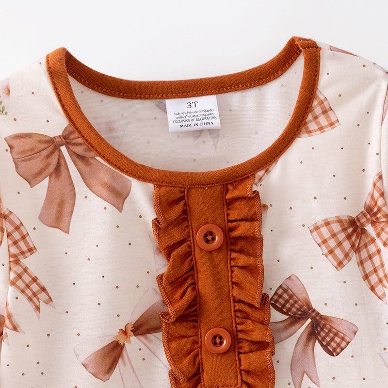 Girls Fall Autumn Brown Bow Print Ruffled Boutique Pajamas Set