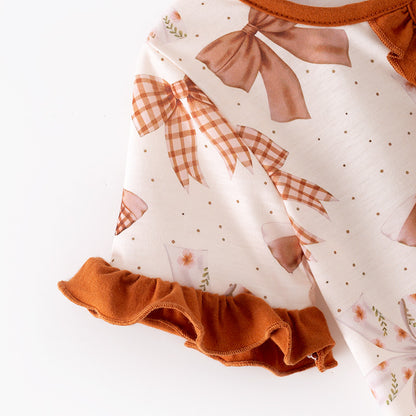 Girls Fall Autumn Brown Bow Print Ruffled Boutique Pajamas Set
