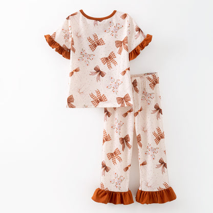 Girls Fall Autumn Brown Bow Print Ruffled Boutique Pajamas Set