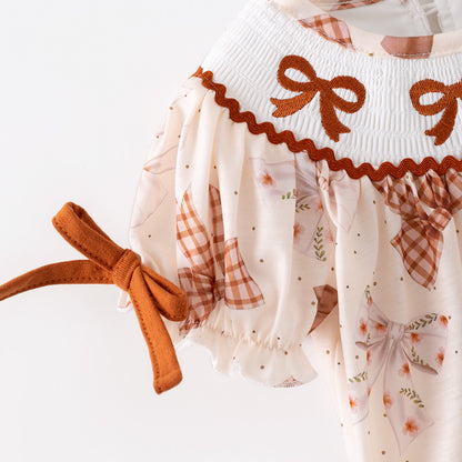 Baby Girls Fall Brown Bow Embroidery Smock Boutique Bubble