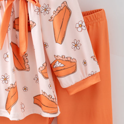 Girls Fall Thanksgiving 2-Pieces Orange Bow Long Sleeves Pant Set