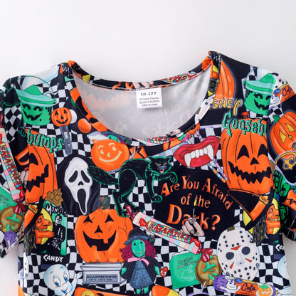Girls Halloween 2-Piece Outfit – Soft Fabric Pumpkin & Ghost Print Dress with Leggings