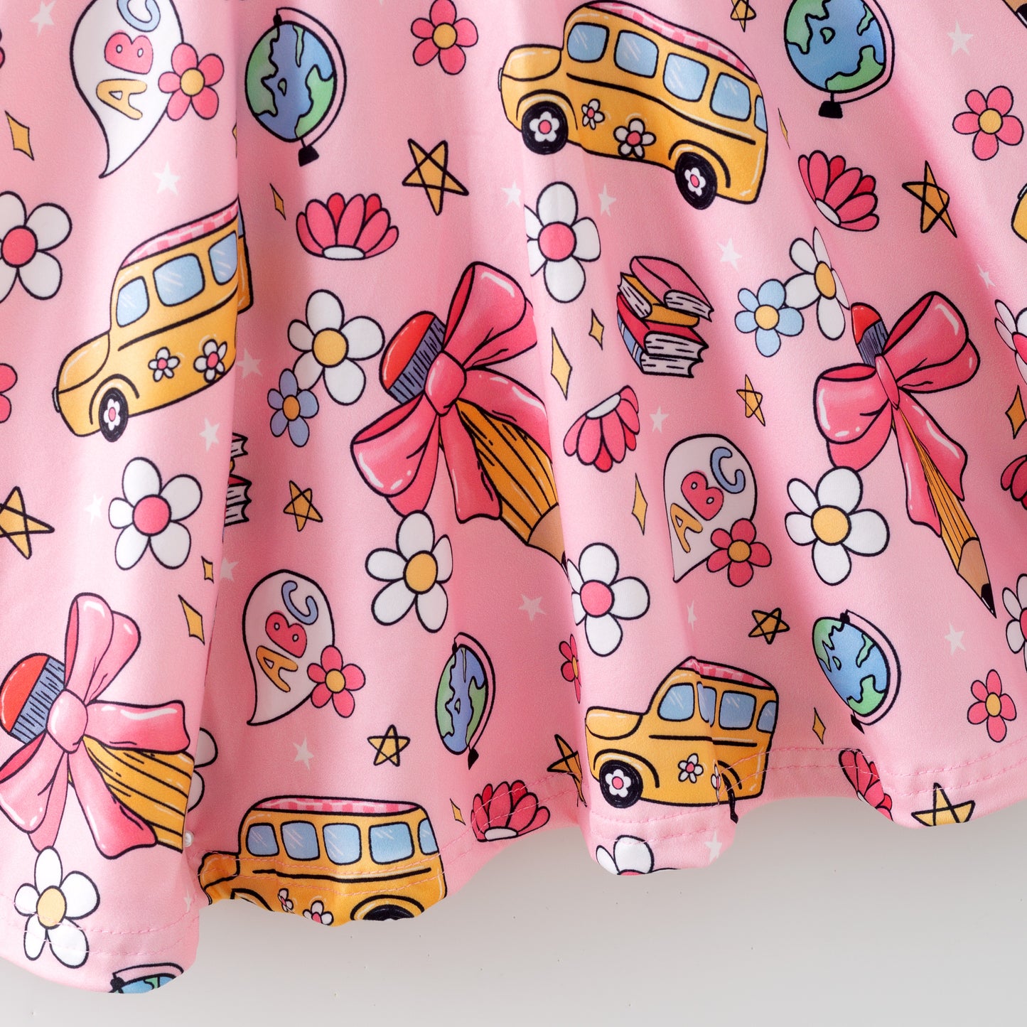 Girls Summer Back To School School Bus Pencil Pink Twirl Dress