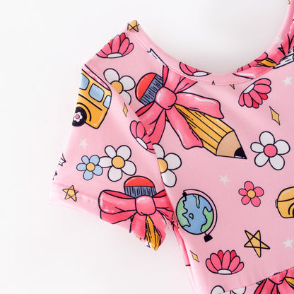 Girls Summer Back To School School Bus Pencil Pink Twirl Dress