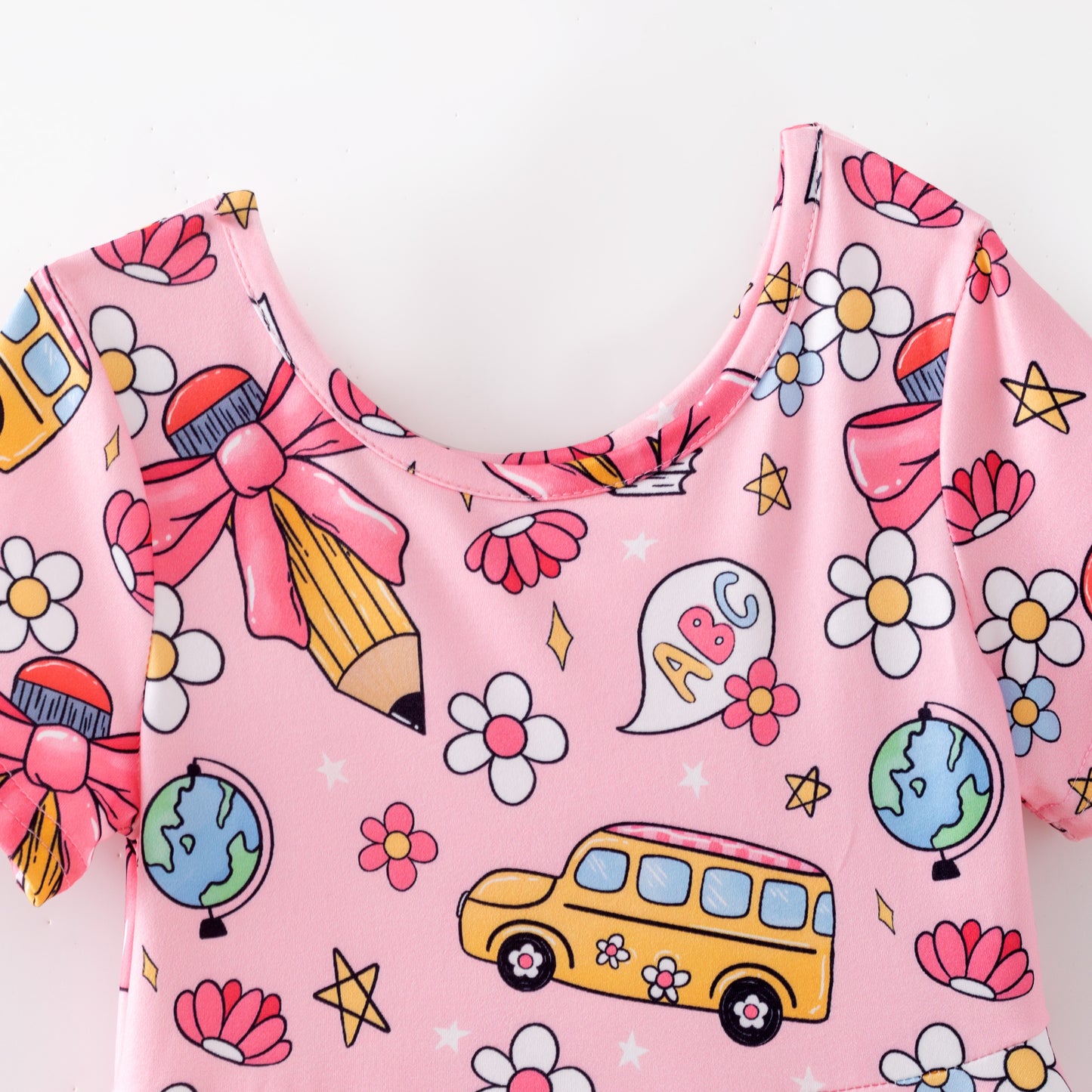 Girls Summer Back To School School Bus Pencil Pink Twirl Dress
