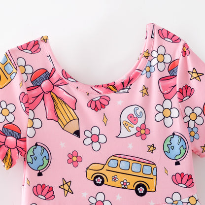 Girls Summer Back To School School Bus Pencil Pink Twirl Dress