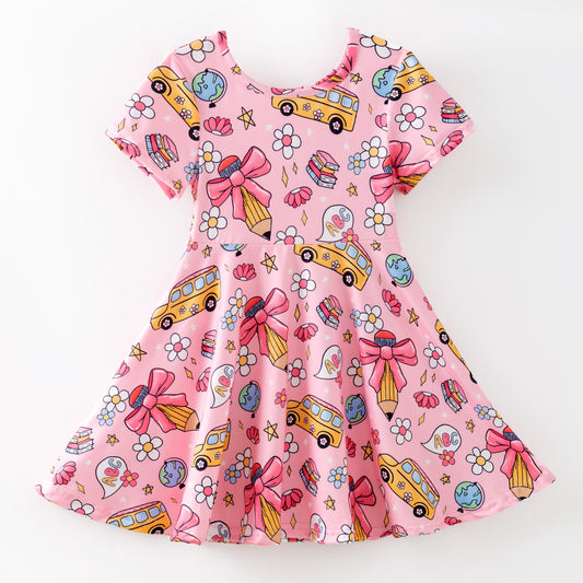 Girls Summer Back To School School Bus Pencil Pink Twirl Dress